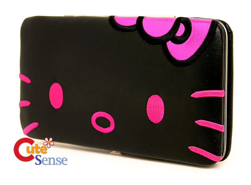 Sanrio Hello Kitty Hinge Wallet Black Pink Bow -Leather Check Book Loungefly 