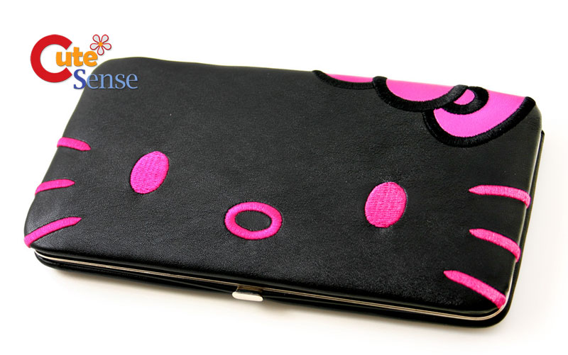 Sanrio Hello Kitty Hinge Wallet Black Pink Bow -Leather Check Book Loungefly 
