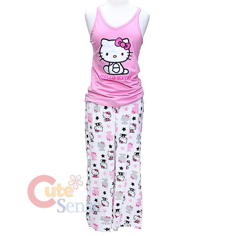 Hello kitty PJ Sleepwear Set Top and Pink White Capri Pants Teen Woman