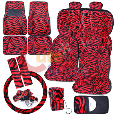 Zebra Animal Car Seat Covers Accessories Compleate :Red 17PC