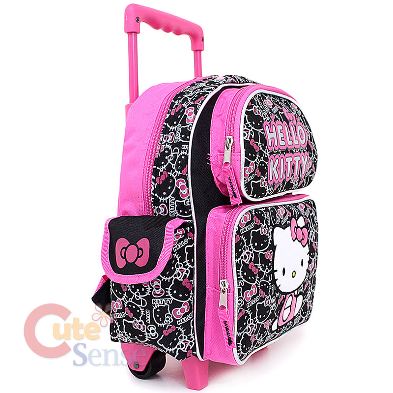 Sanrio Hello Kitty Small Rolling Backpack School Roller Bag Black Pink 12"
