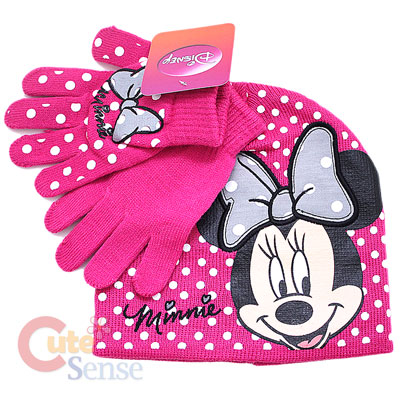 Disney Minnie Mouse Gloves, Beanie Set  Hot Pink Dots  