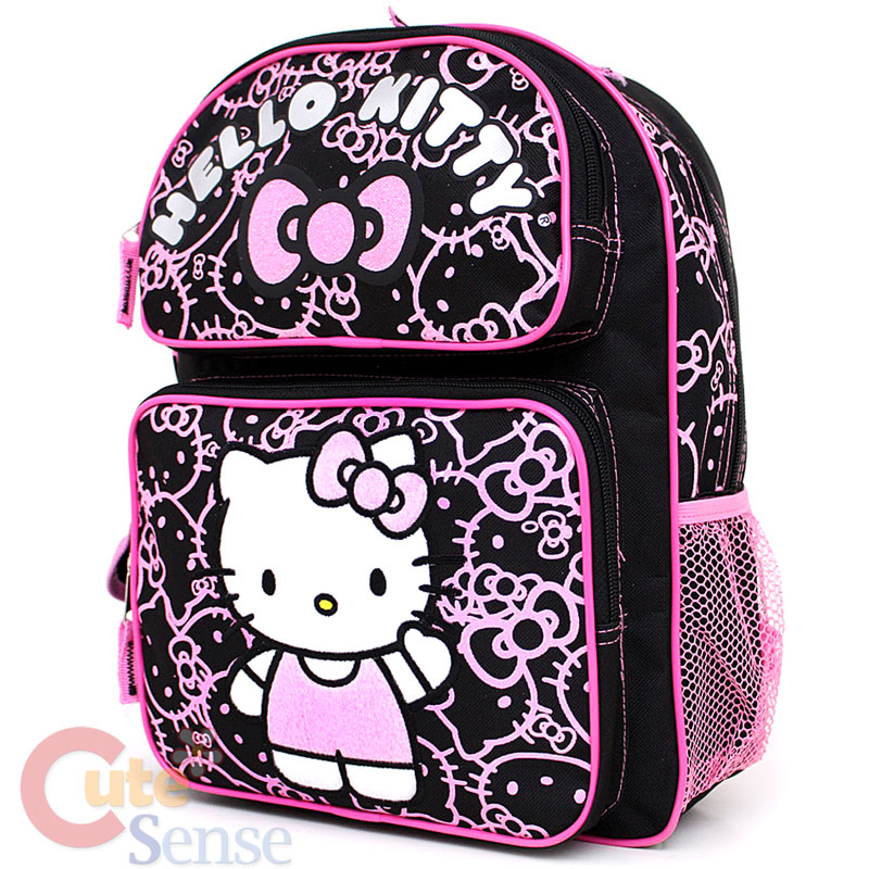   Kitty School Backpack 14 Medium Bag  Black Pink Glittering Face