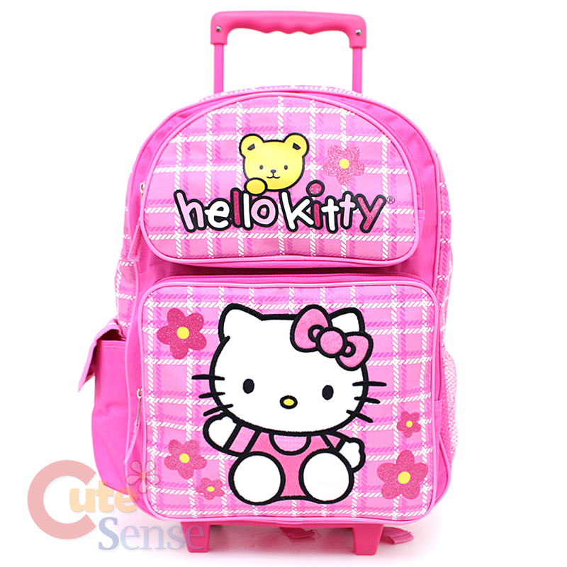   Kitty Large School Roler Bag Rolling Backpack Pink Teddy Bear 1