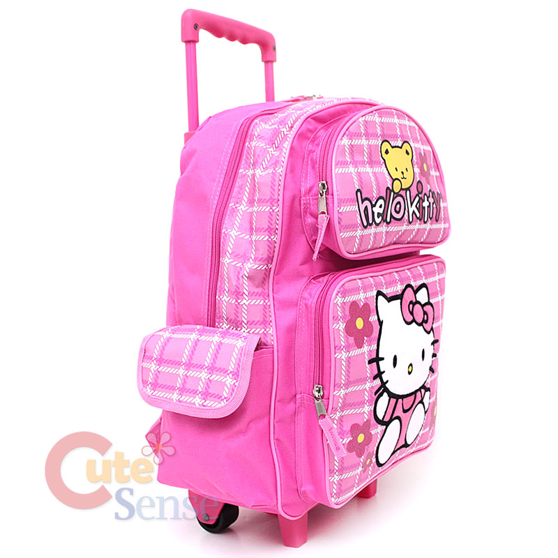 Sanrio Hello Kitty Large Rolling Backpack School Roller Bag Teddy Bear 