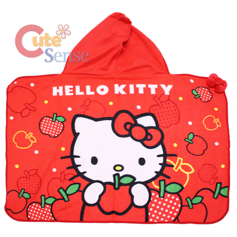 Sanrio Hello Kitty Fleece Blanket Hood Hat Pancho Blanket Red Apple 3D