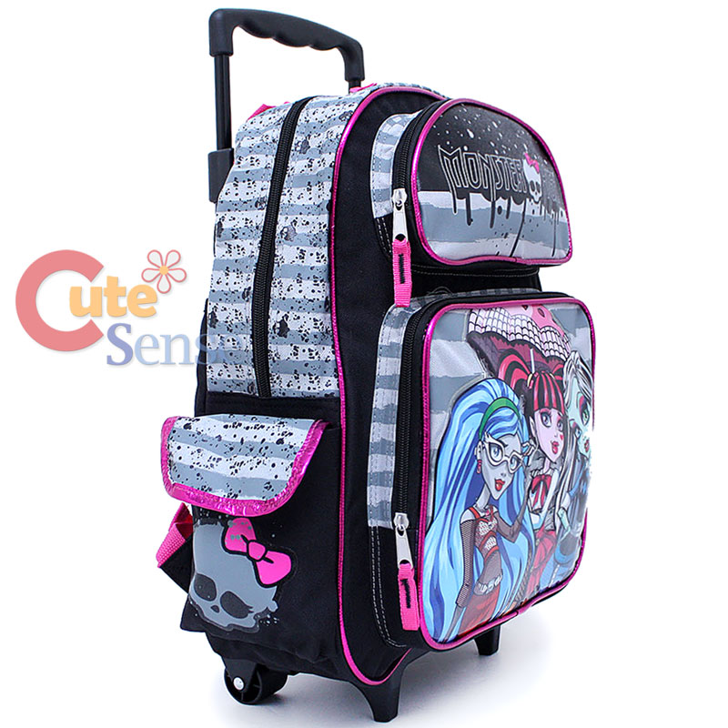 Monster High School Roller Backpack 16" Large Rolling Bag 3 Girls