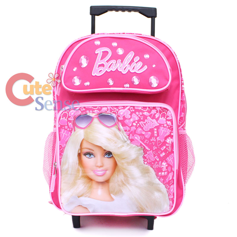 Barbie 16" Large School Roller Backpack Lunch Bag Set Pink Jewels Book