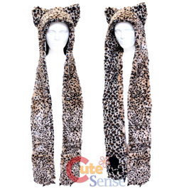 Leopard Fluffy Plush Lapland Hat with Mittens Pokect Scarf