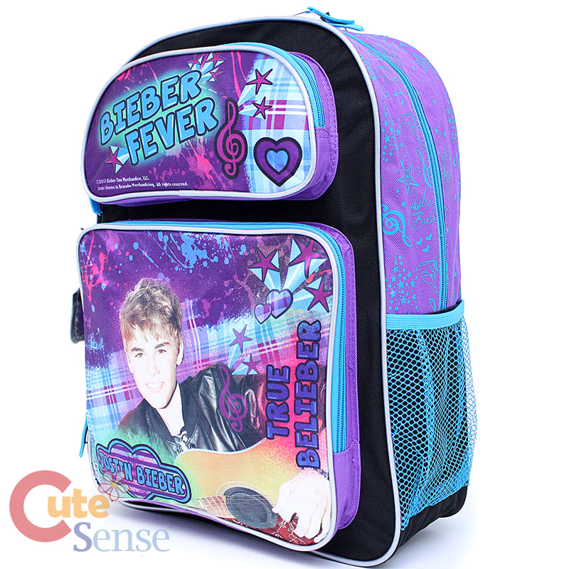 Justin Bieber Large School Backpack with lunch Bag Love Fever Justin Purple