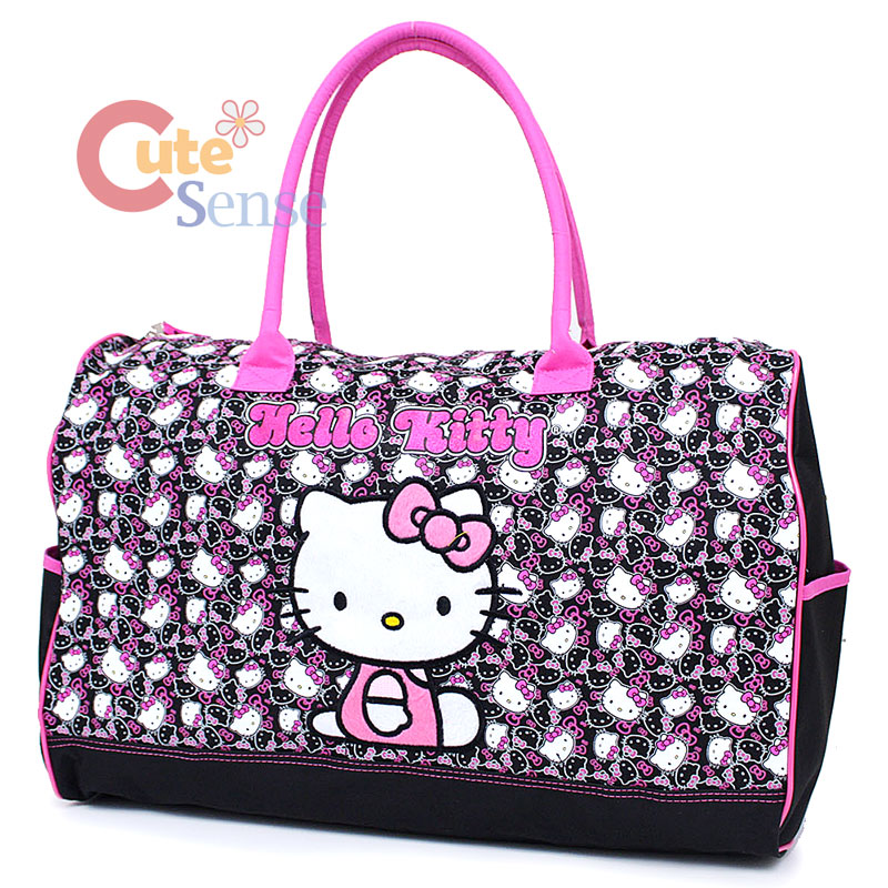 Hello Kitty Duffle Bag Travel Gym Bag 20" Large Black Pink Face All Over