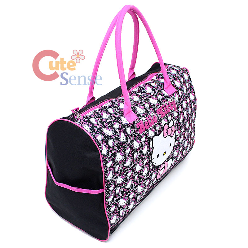 Hello Kitty Duffle Bag Travel Gym Bag 20" Large Black Pink Face All Over