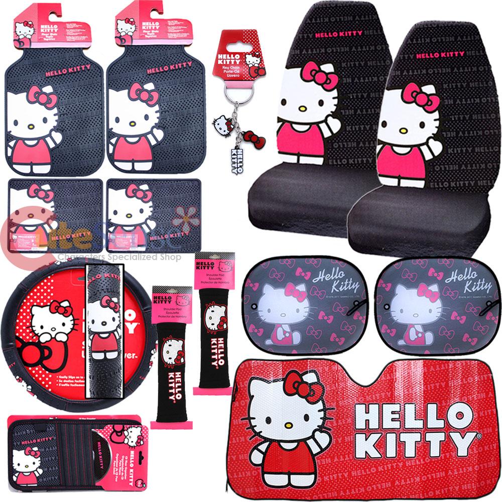 Hello kitty Core Car Seat Covers Accessories 14pc Set w/Full Sunshade Belt Cover