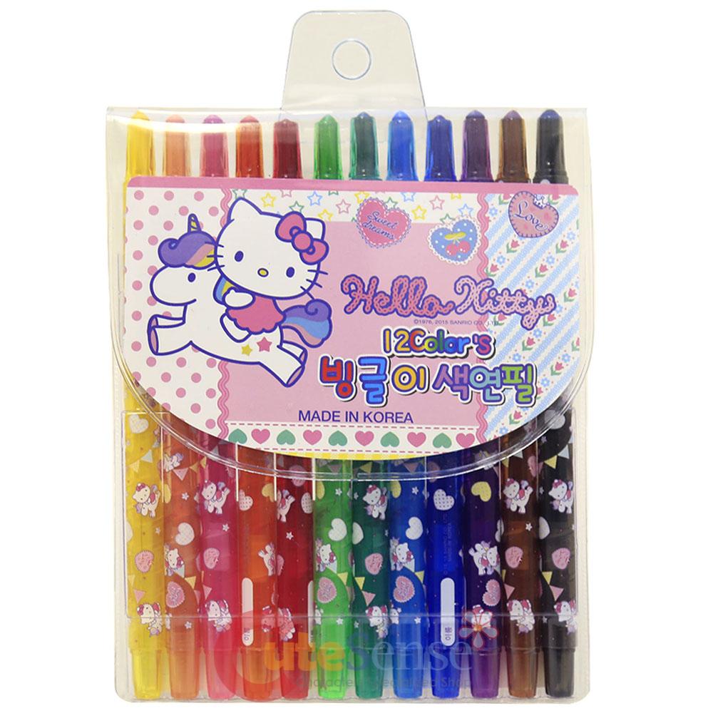Sanrio Hello kitty 12pc Coloring Pencil Twist Up Pen Drawing Art Set eBay