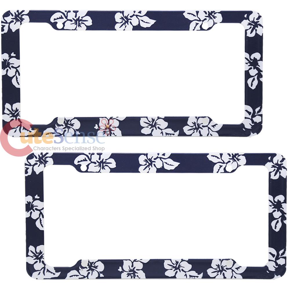Hawaiian Flowers License Plate Frame Auto Accesory Grey Flower 2pc