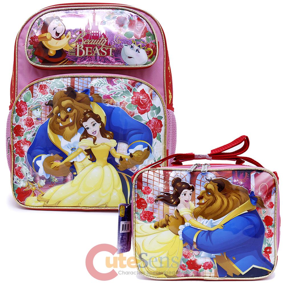 Beauty and the Beast 16" Large School Backpack Lunch Bag 2pc Belle Book Bag Set