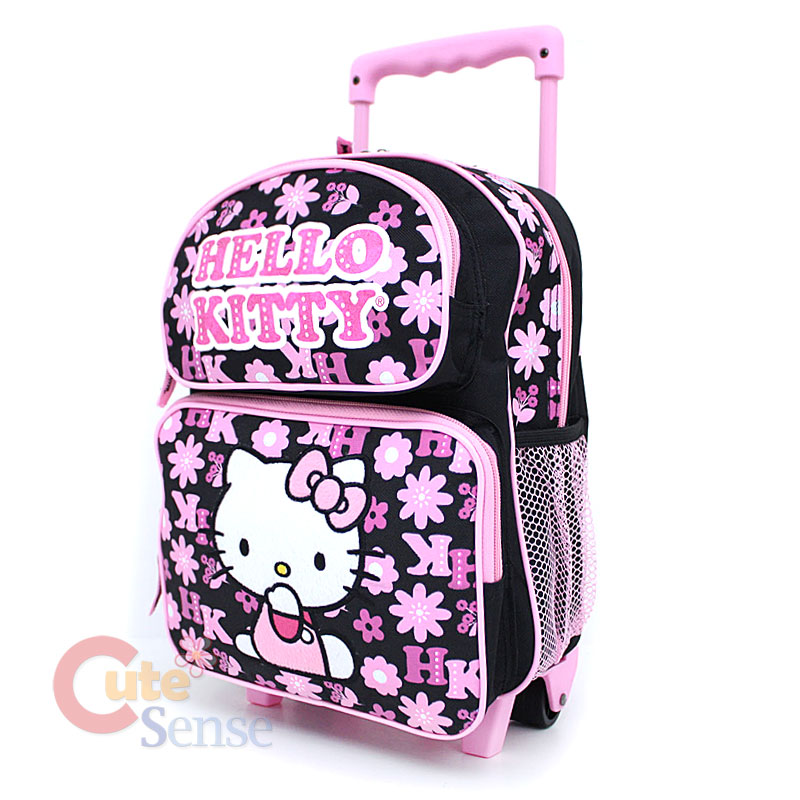 Sanrio Hello Kitty School Roller Backpack Black Pink Flowers Small 
