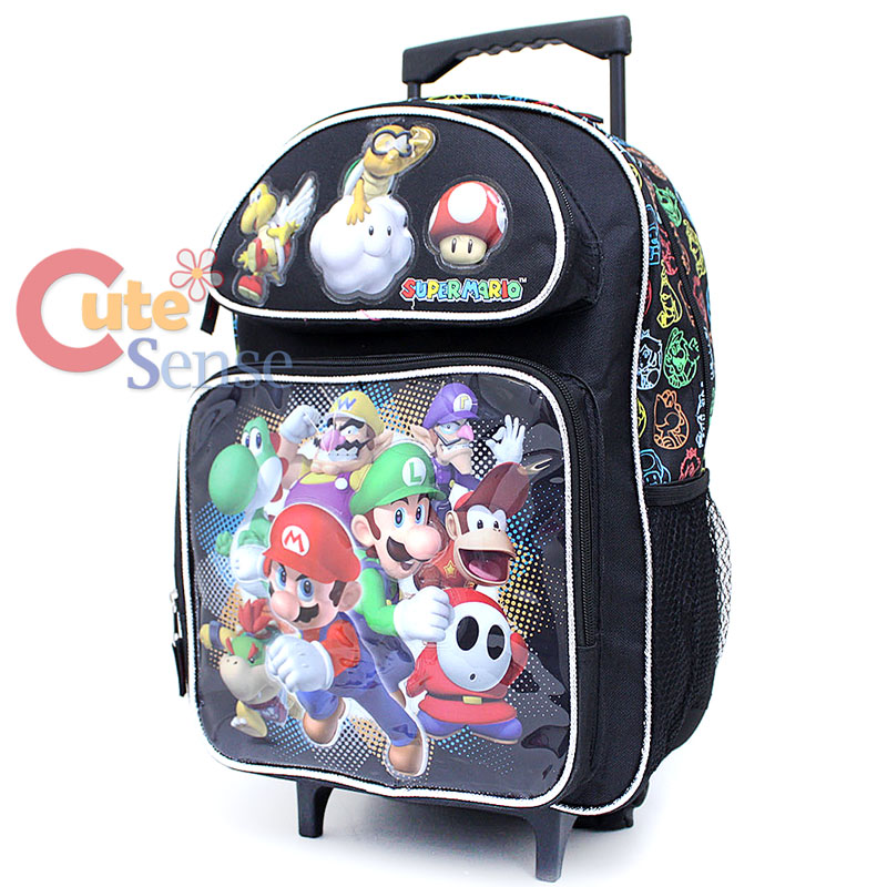 Nintendo Super Mario 16" Large School Roller Backpack and Lunch Bag Set Black