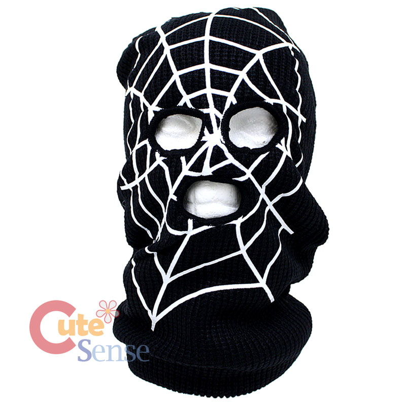 Black Spider Web Mens Ski Mask Beanie with Mouse Eyeholes One Size Knitted 16"